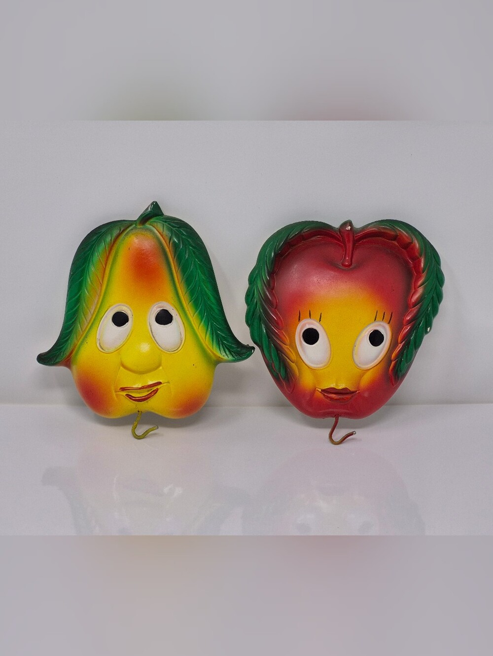 Vintage 1970 Miller Studio Pear & Apple Anthropomorphic Chalkware Wall Plaques